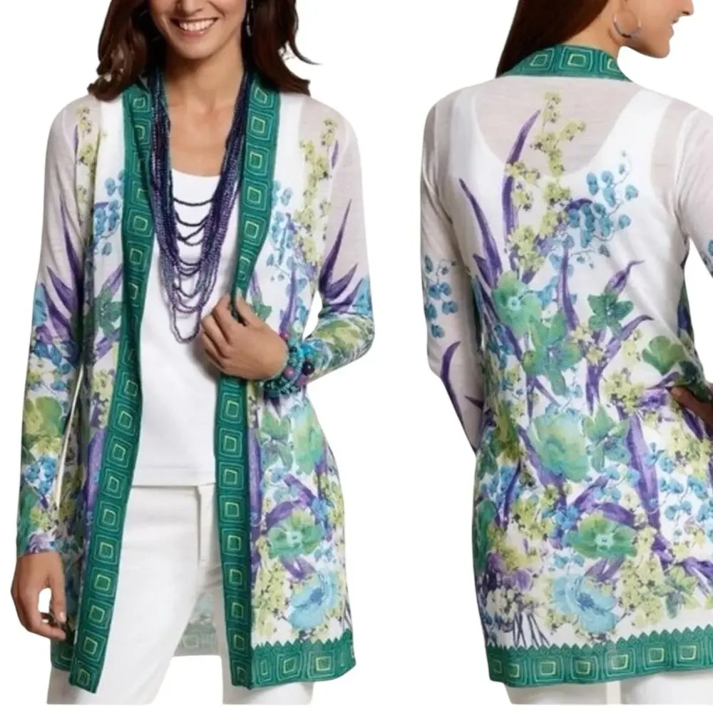 Chico's Long Cardigan M 8 Brooke Botanical Border Floral Lightweight Open Front